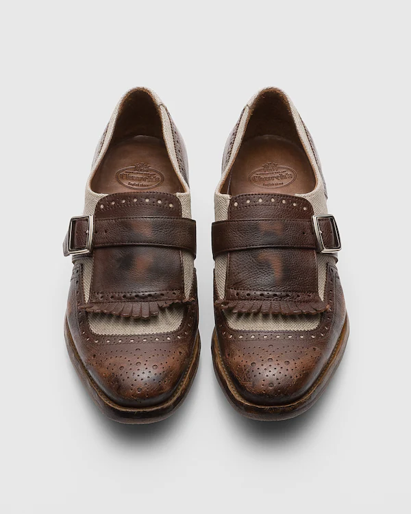 Chaussure à boucle en cuir vieilli et lin Shanghai W